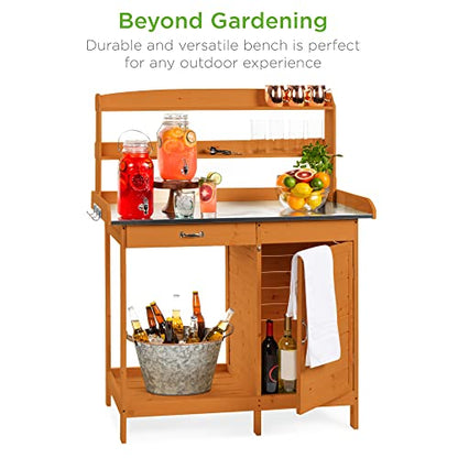 Best Choice Products Outdoor Garden Wooden Potting Bench Work Station w/Metal Table Top, Pre-Stained Finish, Cabinet, Sliding Drawer, Large Bottom Shelf - Brown