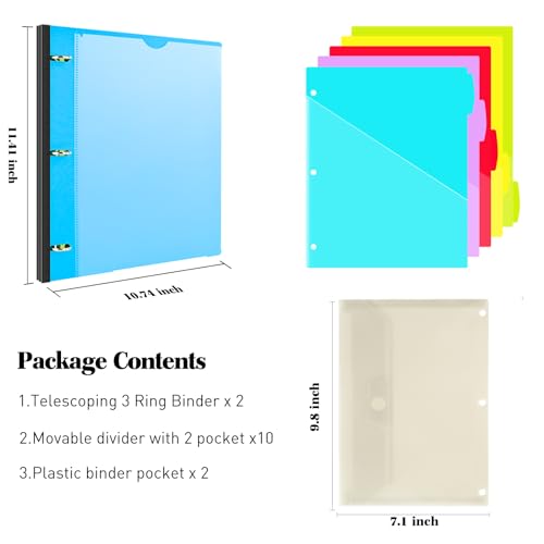 INFUN 1 Inch Telescoping Project Organizer Binder-2PCS,13 Pocket, Customizable Front Cover, 5 Colors Pocket Divider and Plastic Binder Pocket，225 Sheet Capacity-Blue - color: Blue, size: 2 PCS
