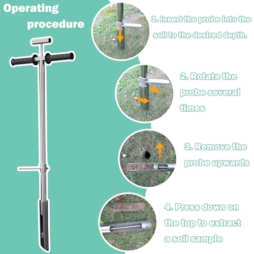 42" Soil Sampler Probe, 304 Stainless Steel with Ejector and Foot Pedal Reusable Sample Bag, T-Style Handle Sampling Soil Probe Test Kits for Lawn Garden Farm Agriculture Golf Course Soil Sampling
