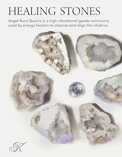 KALIFANO Angel Aura Quartz Geode - Titanium Bonded High Energy Crystal Cuarzo Cluster/Druzy with Information Card - Natural Reiki Rock Used for Clarity and Purpose (Family Owned and Operated)