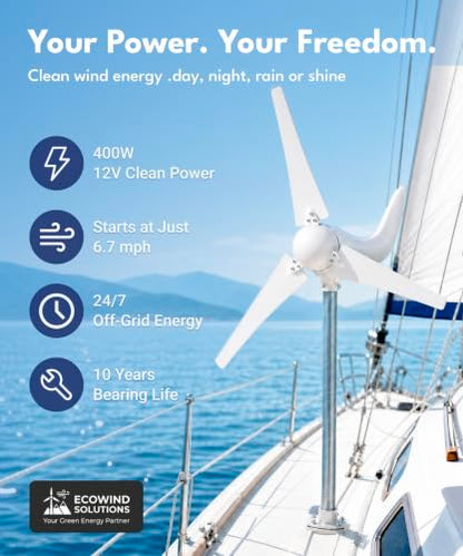 Windmill 400W 12V Land and Marine Wind Turbine Generator kit. Inbuilt MPPT Charge Controller + Automatic and Manual Braking System with Amps Meter. DIY Installation