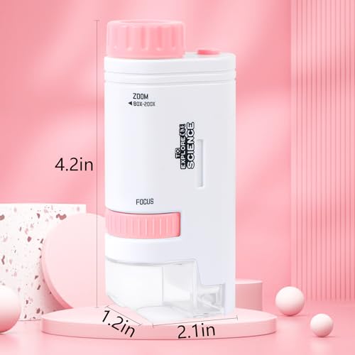 Microscope Pocket Handheld Miniscope 80X-200X Portable Microscope with LED Light for Learning Education Exploring (Pink)