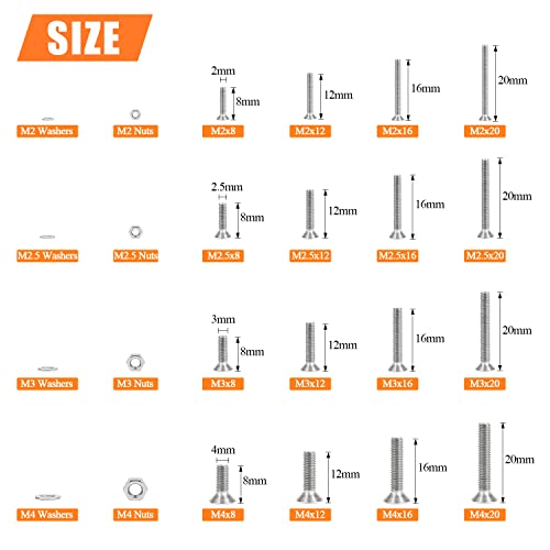 HELIFOUNER 1280 Pieces M2 M2.5 M3 M4 304 Stainless Steel Countersunk Head Socket Cap Metric Screws Bolts Washers Nuts Hardware Assortment Kit with Hex Wrenches - size: ['M2/M2.5/M3/M4']