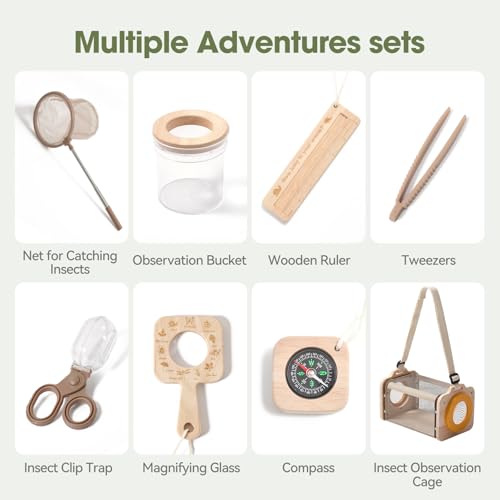 Wooden Bug Catcher Kit for Kids 3-8, 10PCS Durable Outdoor Explorer Kit with Magnifying Glass, Butterfly Net & STEM Guide, Catch & Release Adventure Set for Backyard & Camping
