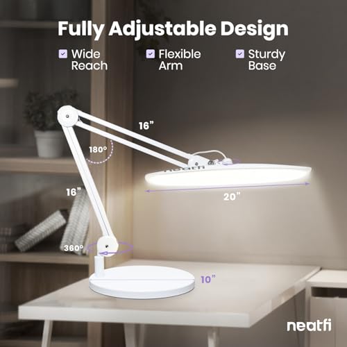 Neatfi XL 2200 Lumens 24W LED Desk Lamp - 4-Level Dimmable Task Light | Home Office, Crafts & Workbench | 20-Inch Wide Head (White, Non-CCT with Base) - color: White, size: Non-CCT with Base