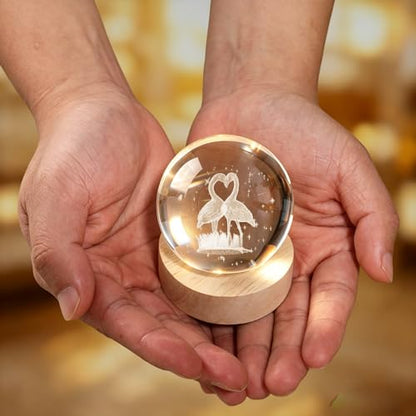 3D Engraved Heart Flamingo Crystal Ball, 2.4in 60mm Color‑Changing LED Night Light with Wooden Base, K9 Crystal Sphere, Romantic Love Gift for Her Him - color: Clear-flamingo
