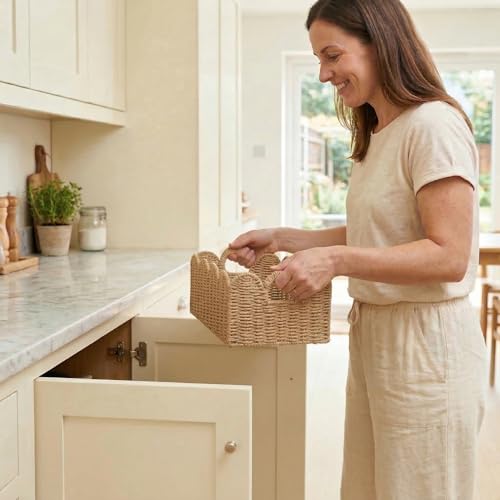 Scalloped Wicker Baskets Set of 3, Hand-Woven Storage with Handles - color: Tan