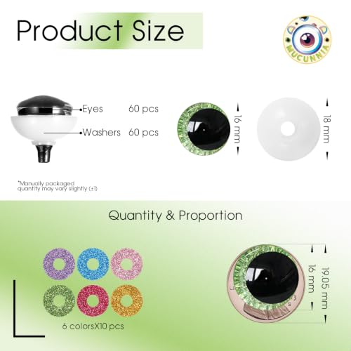 MUCUNNIA 120pcs 16mm 3D Sparkle Moon Safety Eyes for Amigurumi with Washers - size: 16mm