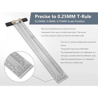 Marking T-Rule Stainless Steel T Type Hole Ruler Carpenter Mark T-Rule Marking Measuring Tool with Automatic Pencil Positioning Scribing 200mm/300mm/400mm(300mm) - size: 300mm