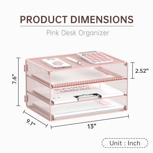 DALTACK 3 Tier Letter Tray Paper Organizer with Sliding Mesh Trays Pink - color: Pink