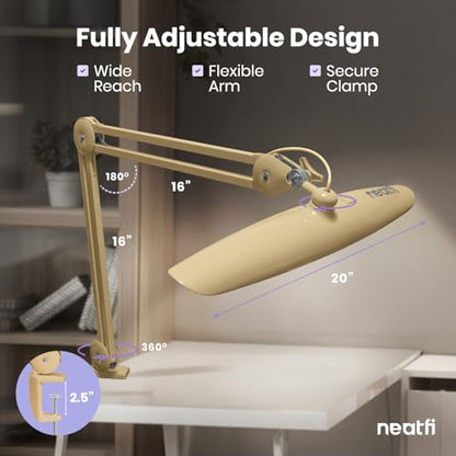 Neatfi XL 2200 Lumens 24W LED Desk Lamp – Shadow-Free Task Lighting | 4-Level Dimming | Home Office & Crafts Use | 20-Inch Wide Head (Gold, Non-CCT with Clamp) - color: Gold, size: Non-CCT with Clamp