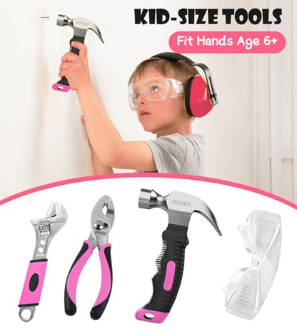 DOWELL 14 Pieces Kids Real Tools Pink Tool Set，Tool Kit with Storage Bag for Boys, Girls, Children DIY Building and Woodworking, Age 8+ - size: 14 Pcs-Pink