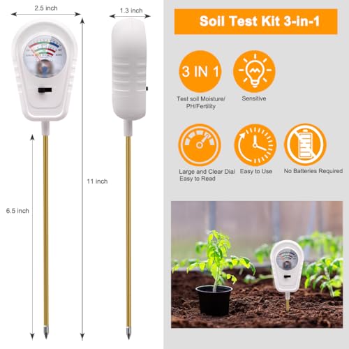 Soil Test Kit 3-in-1, Soil Moisture Meter, Soil PH Meter, Fertility Soil Tester, Soil Tester for Garden, Lawn, Farm, Outdoor & Indoor Use (Silver Frost White)