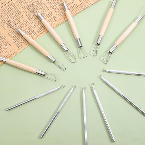 12PCS Double-Sided Clay Sculpting Tools, Wooden Handle Clay Carving Tools Clays Wire Loop Sculpture Set Clays Pottery Sculpting Tool Set for Ceramic, Carving Modeling - color: Silver + Wood