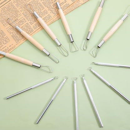 12PCS Double-Sided Clay Sculpting Tools, Wooden Handle Clay Carving Tools Clays Wire Loop Sculpture Set Clays Pottery Sculpting Tool Set for Ceramic, Carving Modeling - color: Silver + Wood