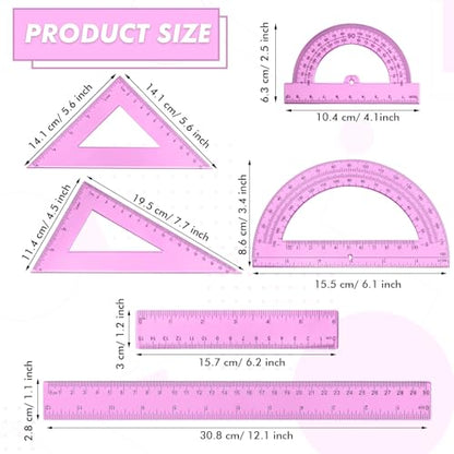 Tenare 6 Pcs Math Geometry Ruler Straight Protractor Triangle, Pink - color: Pink