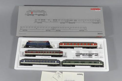 MARKLIN HO Digital DB Express Passengers Train Set 26512 with Electric 4/4 Locomotive and Long Express POP Colors (4) Coachs with Luggage CAR.