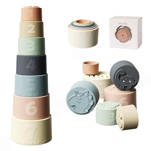 Moonkie Stacking Cups Toy, Fun Educational Baby Toys Silicone Soft Teething Toy, Age 6+ Months, 7 Piece Set - color: Fine Day