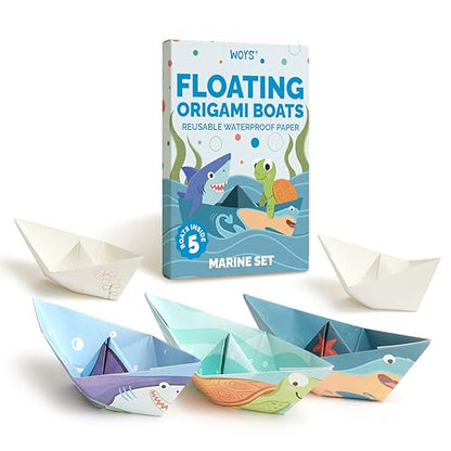 WOYS Floating Origami Boats | Marine Set | Waterproof Premium Reusable Paper | Screen-Free DIY Arts & Crafts Activity & Gift | 5 Sheets | Bath, Pool & Indoor Play - color: MARINE