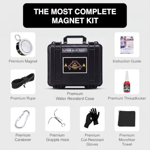 1000LB Complete Magnet Fishing Kit | Double Sided Fishing Magnet Kit with Case | Includes Strong Neodymium N52 Magnets, Durable 65ft Rope, Carabiner, Gloves, Grappling Hook & Carry Case - size: 1000 LB Double Sided Magnet Kit