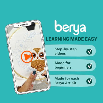 BERYA Owl Embroidery Kit, Embroidery Kit for Adult, Owl Pattern Practice Kit, Including Video Step by Step Instructions, Embroidery Hoop, Cloth, Needles and Thread for DIY Craft Lover (BEO013) - color: owl yellow