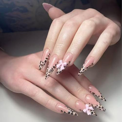 Stiletto Press on Nails Long Brown Fake NailLeopard Acrylic with Pink Bow Design Stick on Nails for Women 24pcs - color: Color26