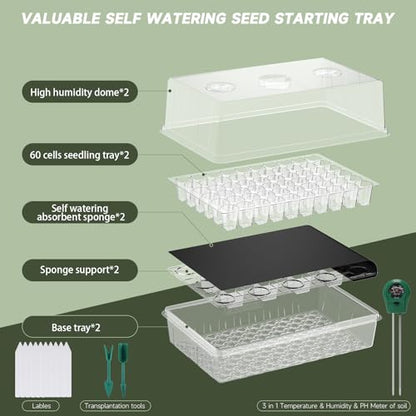 Adawook Self-Watering Seed Starter Tray, Seed Starter Kit Self Water, Germination Trays for Seed Starting with High Humidity Domes (Tray, 120 Cells)