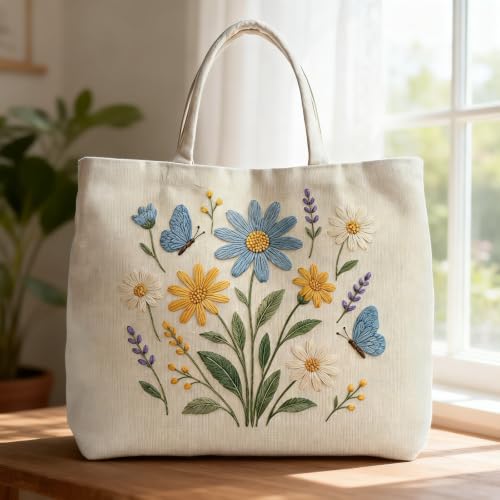 ARTopet Embroidery Tote Bag Kit for Beginners Flower Canvas Cross Stitch Handbag with Hoops Needles Threads Reusable Grocery Bag for Women-Flowers - color: Flowers