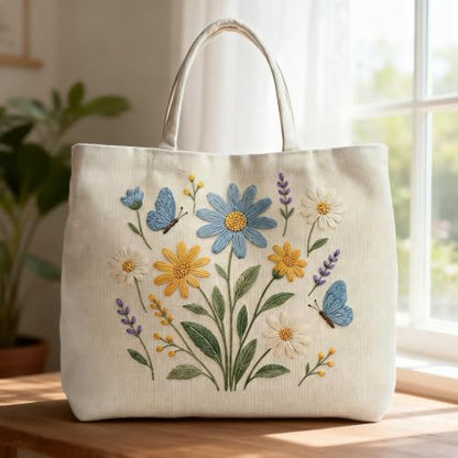 ARTopet Embroidery Tote Bag Kit for Beginners Flower Canvas Cross Stitch Handbag with Hoops Needles Threads Reusable Grocery Bag for Women-Flowers - color: Flowers