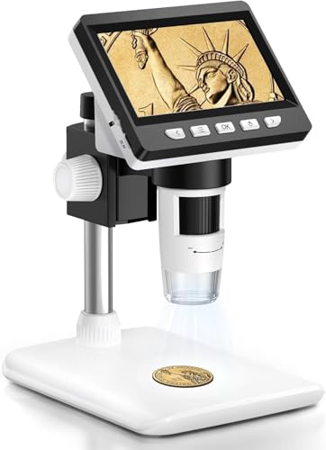 Digital Coin Microscope 1000X, 4.3" LCD Coin Magnifier with Screen for Error Coins, 1080P USB Microscope with 8 Adjustable LED Lights, Photo & Video, Built-in Storage, Compatible with Windows/MacOS - color: White