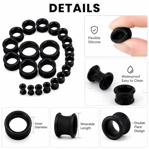 Oyaface 20 PCS Piercing Tunnel Set Soft/Hard Silicone Flesh Ear Plugs 2g-25mm Flexible Ear Stretching Gauge Expander - color: Black