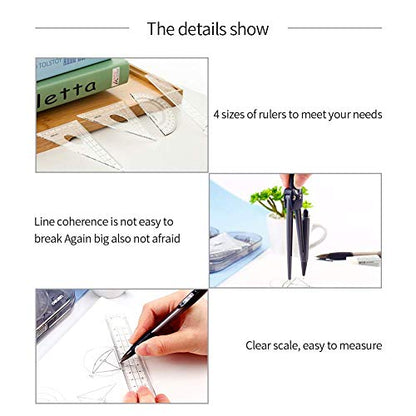 Math Geometry Kit Set 8 Pieces Student Supplies with Shatterproof Storage Box,Includes Rulers,Protractor,Compass,Pencil Lead Refills,Pencil,Eraser.for Students and Engineering Drawings