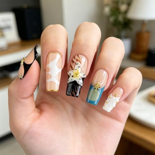Handmade Press on Nails Long Square Nude Black White, 3D Star Flower False Nails with Gold Line, Luxury Reusable Nail Art Kit for Women Party Daily(M) - color: HLK, size: Medium