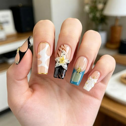 Handmade Press on Nails Long Square Nude Black White, 3D Star Flower False Nails with Gold Line, Luxury Reusable Nail Art Kit for Women Party Daily(M) - color: HLK, size: Medium