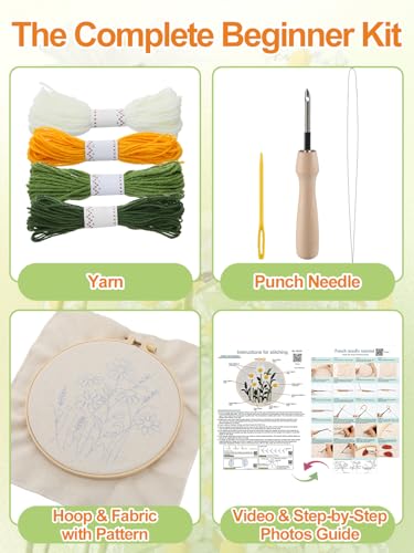 Punch Needle Kit Adults Beginner, Step-by-Step Guide & Video - color: White Daisy
