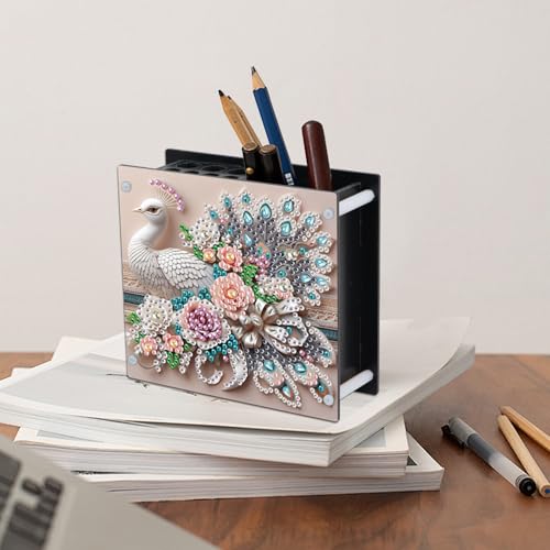 DIY 5D Acrylic Diamond Painting Pen Holder, Elegant Peacock Desk Organizer with Beads, Crystal Rhinestones Diamond Art Pencil Organizer for Home, Office & Gift - color: Peacock