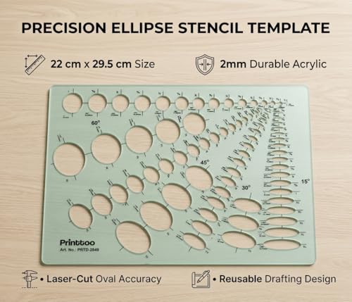 Printtoo Ellipse Stencil Template, 2mm Acrylic Reusable Oval Drawing Guide with 15°, 30°, 45° & 60° Cutouts for Drafting, Technical Drawing, Geometry, School Projects, Art and Craft - color: Series-PRTD-2849A