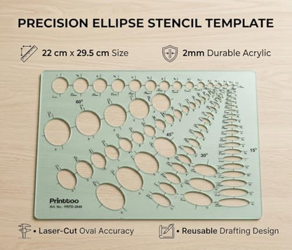Printtoo Ellipse Stencil Template, 2mm Acrylic Reusable Oval Drawing Guide with 15°, 30°, 45° & 60° Cutouts for Drafting, Technical Drawing, Geometry, School Projects, Art and Craft - color: Series-PRTD-2849A