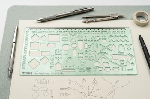 Printtoo NATO Troop Template Stencil, 2mm Thick Clear Green Acrylic Military Planning Ruler with Tactical Symbols, Letters, Numbers & Scale for Map Marking, Students, Artists & Designers - color: Series-PRTD-2441A