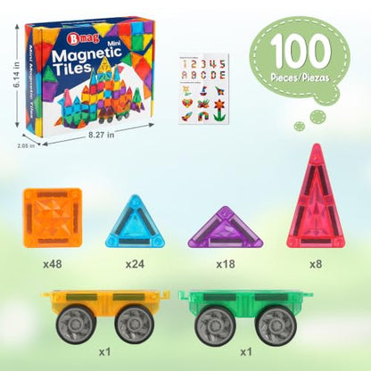 Bmag 100PCS Mini Magnetic Tiles Building Set with 2 Mini Cars - size: MINI100Pcs