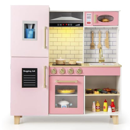 Costzon Kids Kitchen Playset, Wooden Pretend Play Kitchen with BBQ Grill, Ice Maker, Range Hood, Blackboard & Cooking Accessories, Toy Kitchen Set with Lights & Sounds, Gift for Toddlers Ages 3+ - color: Pink