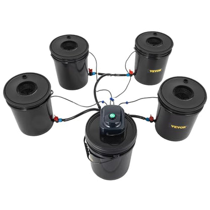 VEVOR 5 Buckets DWC Hydroponic System, 5 Gallon, Deep Culture, Plants Grow Kit with Pump, Air Stone and Water Level Device, for Indoor/Outdoor Leafy Vegetables, Black - style: 5 Buckets