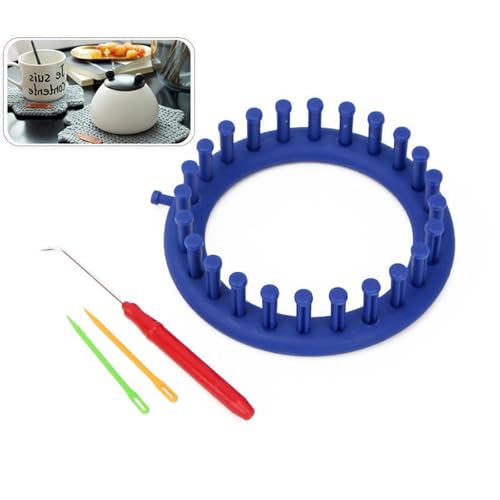 Round Knitting Looms，Plastic Weaving Looms Set，24 Peg Sock Knitting Loom，Scarf Hats Making Tools，DIY Crocheting Handmade Craft Kit with a Crochet Hook and Needle for Knitting Lovers，14 cm (Blue) - size: Round,14cm,24 Pegs