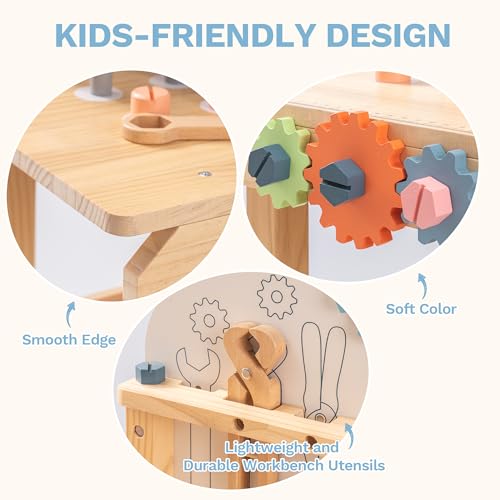 ROBUD Wooden Play Tool Workbench Set for Kids, Construction Toy Bench