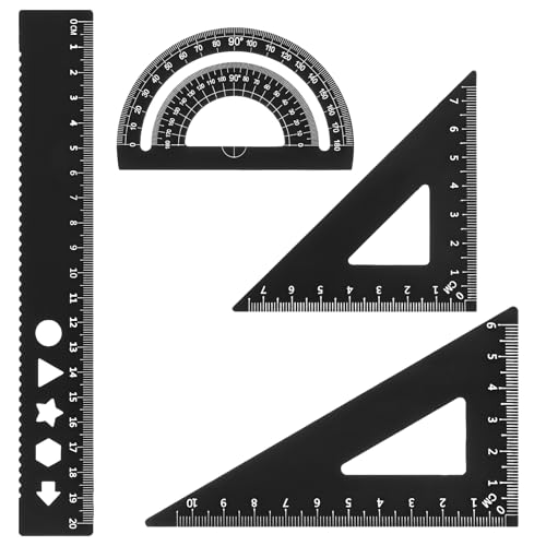 Metal Geometry Set 4 PCS Aluminum Triangular Ruler Set Geometry Math Drafting Ruler Kit Includes Protractor Triangle Rulers Straight Rulers for Math Drawing Drafting Art School Office Supplies (Black)
