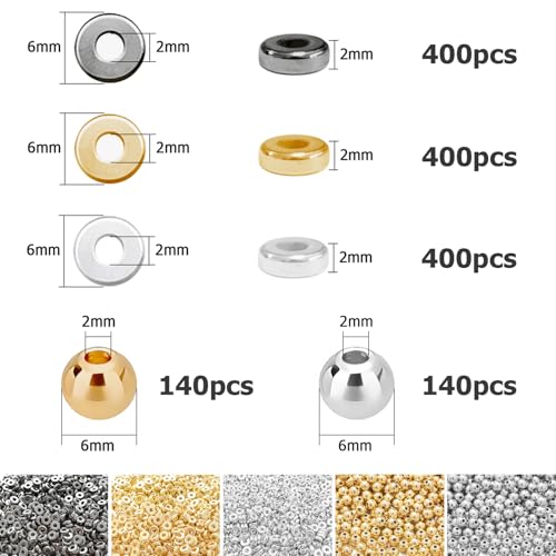 6mm Flat Round Spacer Beads, 1480pcs (280Round) - Gold, Silver, Black - Copper Coated Plastic - DIY Jewelry Making Kit - color: 1480pcs（280Round ）