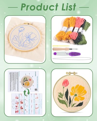 ERKOON Punch Needle Kit Adults Beginners, DIY Easy Floral Embroidery Set for Starter Art Craft, Needling Punch Project with Patterns, Tools, Yarns, Hoop, Instruction (Rhubarb Flowers) - color: Rhubarb Flowers