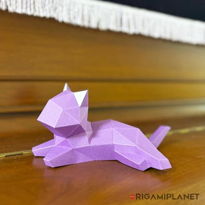 3D Origami Paper Craft Kit, Lounge Kitten Cute DIY Pre-Cut Animal Papercraft Model for Beginners, Fun Handmade Home Decoration Gift for Adults & Teens-Purple