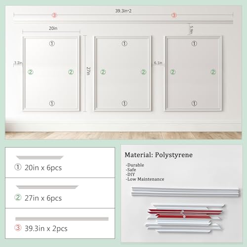 Peel and Stick Wainscoting Panels, 3 Set 20"x27" Wall Molding + 2pcs Chair Rail Trim, Pre-Cut Self Adhesive Premade Molding Panel for Bathroom Hallway Door Nursery Wall, Ready to Assemble
