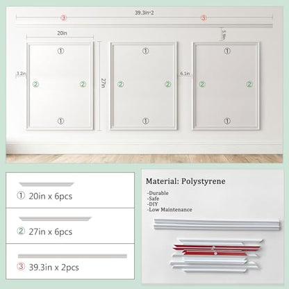 Peel and Stick Wainscoting Panels, 3 Set 20"x27" Wall Molding + 2pcs Chair Rail Trim, Pre-Cut Self Adhesive Premade Molding Panel for Bathroom Hallway Door Nursery Wall, Ready to Assemble